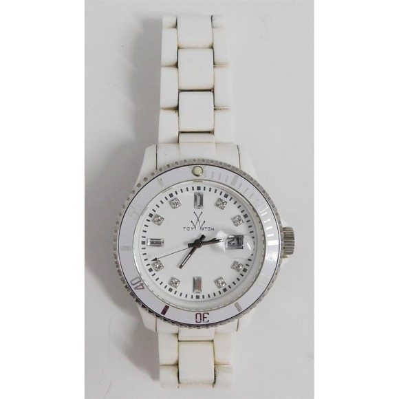 ToyWatch‎ Woman's White Enamel Jeweled Metal Link Band Watch - Picture 1 of 3